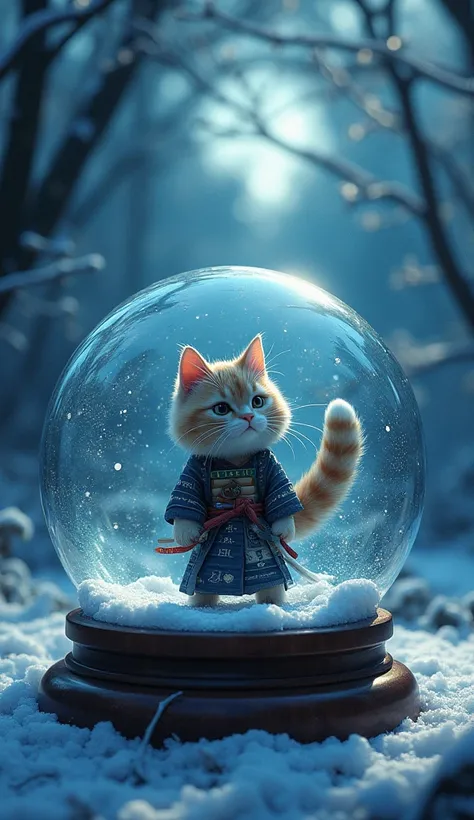  The inside of the big snow globe is a scene from the Sengoku period, imaginary, simple design , Detailed architecture ,Atmospheric lighting, fantasy art , high definition , Shades of blue,Samurai cat holding a snow globe ,Glass Texture