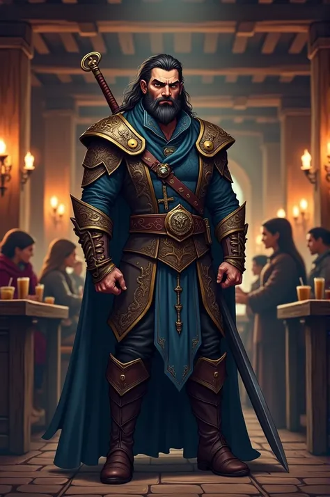 A Strong male Human with a **Fantasy Cartoon ilustration** and with hard features in his details. Wearing a Fighter robes from the Old Dragon 2 scenario . A long Sword  on his back. Calm, confident and a leaders face.  Black peaky blinder hair and beard do...