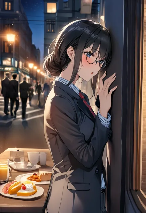 (( top quality)), (( masterpieces during breakfast )), ( Details), ( 1 Anime Girl ),  sexy, ( black hair), Bust 9０Big breasted OL in CM ,  young woman, OL and round glasses , (Woman in casual OL fashion), (Woman kissing man in suit on street corner at nigh...