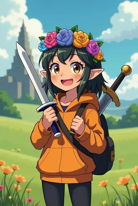 A anime girl who has peanut brown skin, has a orange hoodie, black thights, holding knives, and have the master sword from the legend of zelda on the back, she has ember eyes, and she has a flower crown, with magenta, violet, cyan and yellow flowers, she i...