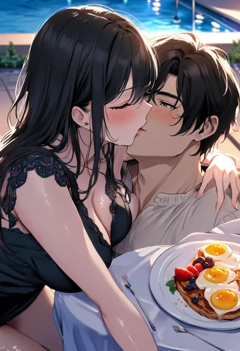 (( top quality)), (( masterpieces during breakfast )), ( Details), ( 1 Anime Girl ),  sexy, ( black hair), Bust 9５Big breasted OL in CM ,  young woman, Pool at night, ( sexyな水着の女性), ( woman kissing man by the pool)