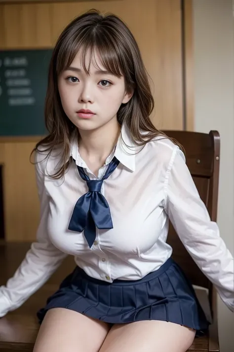 ((最 High Quality 、Photorealistic:1.4、8k))、美しい日本people女性１people、18 years old、 Female College Student、高校uniform、uniform、 white buttoned blouse、Ribbon tie、 Navy Blue Bleached Skirt、 high school girl、 shaggy hair 、 Cowboy Shots、 uniform showing 、 blackboard 、m...