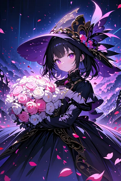 1girl,,face not visible,black Gothic dress,black hat,white bouquet,(holding white bouquet),standing,front,(black petals flying in profusion),Rain of petals,many petals,innumerable petals,petals floating in the air,Art Deco,Color Field painting,rococo style...