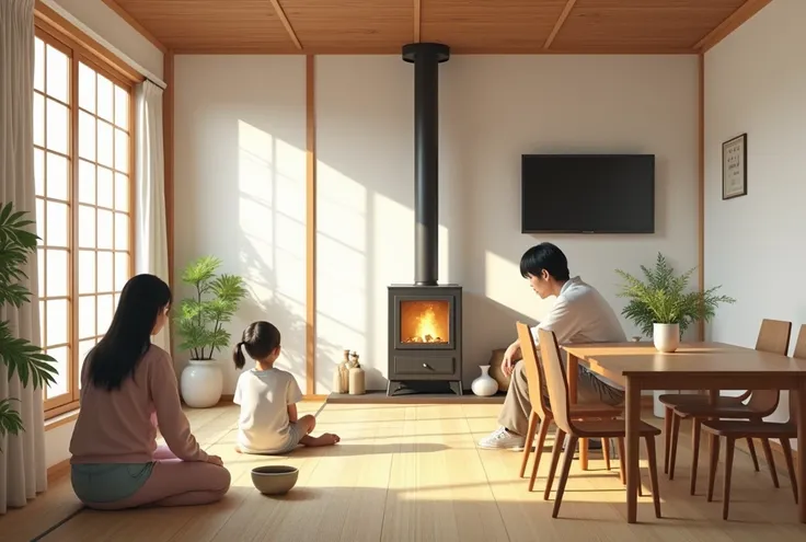 A hyper-realistic photograph of a cozy Japanese family living room and dining area. The scene features warm natural wood flooring and a traditional tatami mat space. A Japanese mother and two ren are sitting and playing on the floor, while a Japanese fathe...