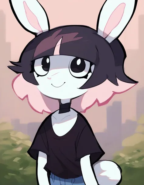 outdoors,detailed background,
Bubny,1girl,solo,rabbit girl,bangs,black hair,short hair,rabbit ears,multicolored hair,blunt bangs,furry female,black eyes,pink hair,purple hair,choker,rabbit girl,two-tone hair,rabbit tail,animal nose,
headshot,smile,long eye...