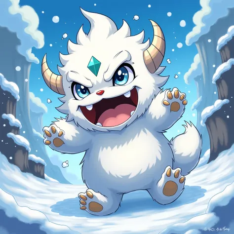 Create a dangerous baby snow monster for me in the manga yugioh style 