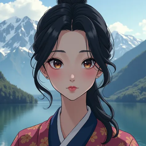 Mountain background, Hanbok,  Japanese anime pictures,  black hair, brown eyes, Expressionless, chic face, 1 person, adult, A face that seems to have a lot of secrets,  cute face 