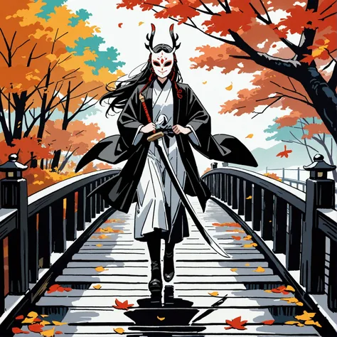 masterpiece,  two-color abstract painting in blackand white, character modeled after Benkei , with a mask on his face, swings down his long naginata powerfully , hes on a big bridge ,The bridge is made of wood ,Falling leaves are falling,The setting is Jap...