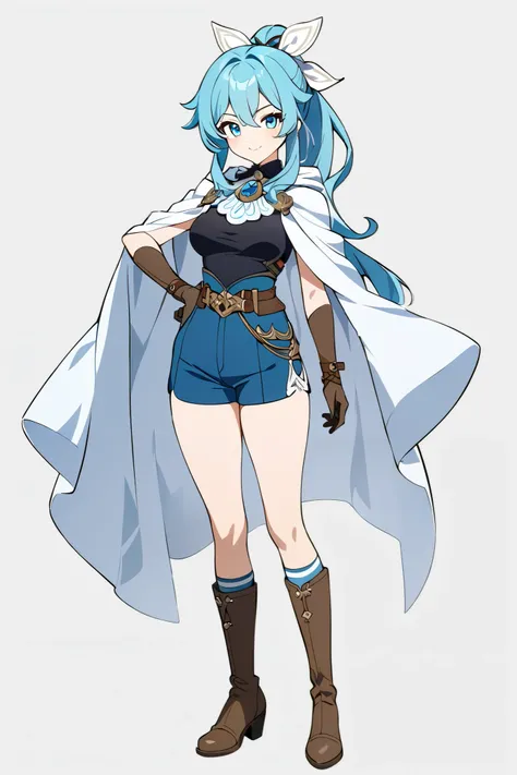 1girl, smile, white big ribbon, Azure hair, long blue ponytail, hair ribbon, white cape, black tank top, blue shorts, brown belt, brown boots, gloves, confident expression, standing pose, full body, anime art style, detailed design, highres, masterpiece, f...