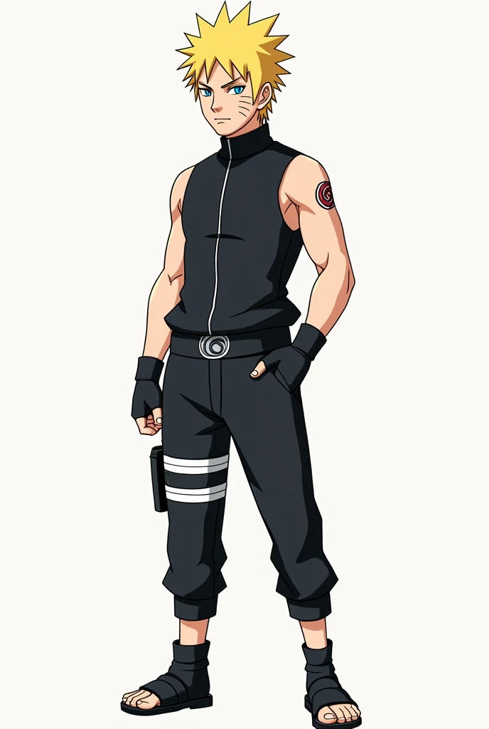 naruto(s )  wearing the  (color negro, sleeveless) (cinturon negro ) barefoot ,  the same drawing style as the original Naruto show 