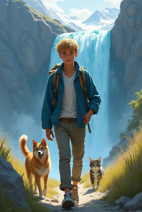 Picture of handsome man, teenage boy, single, blue eyes, short golden hair, not wearing a warm face cloth, walking in the mountains with a blue waterfall with a cat and a dog