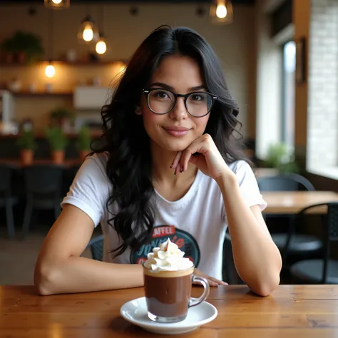 A young Latina woman, 30 years old, sitting comfortably at a wooden table in a cozy cafe. She is wearing a white t-shirt with a graphic design, paired with stylish glasses that enhance her intellectual charm. Her long, wavy black hair flows over her should...