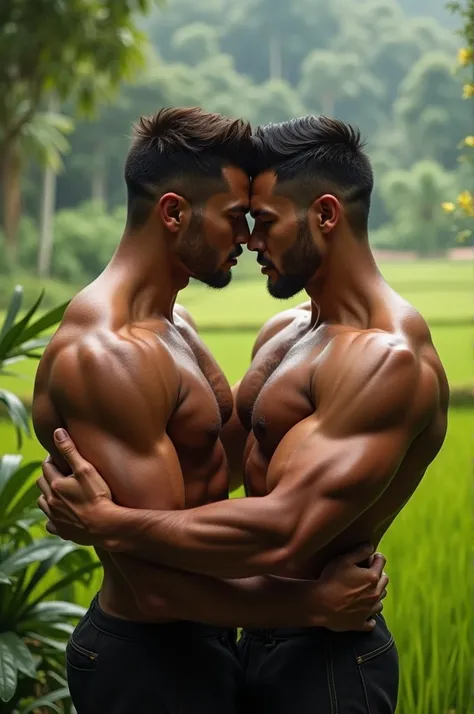 Indonesian male couple making love bodybuilding very big muscular body very thick armpit hair big chest muscles sticking out veins in the garden there are rice fields short hair brown skin