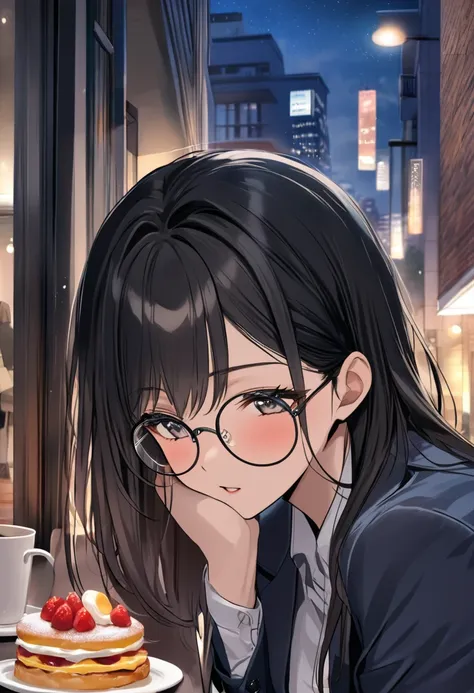 (( top quality)), (( masterpieces during breakfast )), ( Details), ( 1 Anime Girl ),  sexy, ( black hair), Bust 9０Big breasted OL in CM ,  young woman, OL and round glasses , (Woman in casual OL fashion), (Woman kissing man in suit on street corner at nigh...