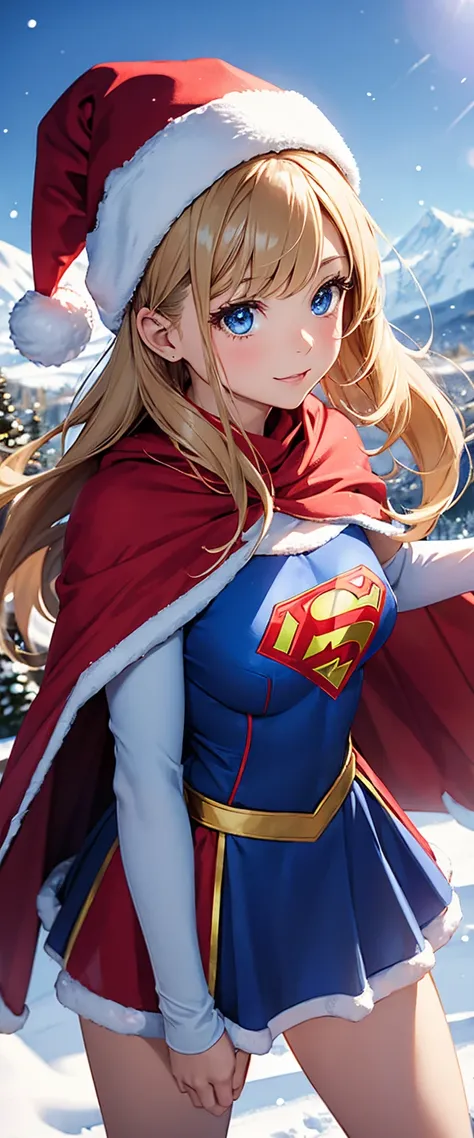 cute woman wearing a perfect supergirl costume dress,Snowfield、 snowy mountains、 glamorous、Im wearing a Christmas cape 、 Im wearing a Santa Claus hat