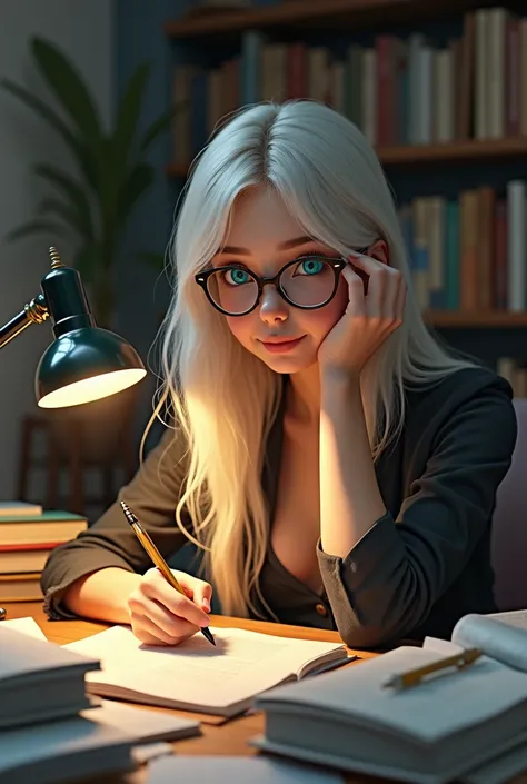 Voici le prompt :

A hyper-realistic scene of Cécile, a 23-year-old woman with straight, platinum blonde hair and an angelic face, sitting at a desk covered with books and notes. She is wearing stylish glasses, which accentuate her enchanting turquoise blu...