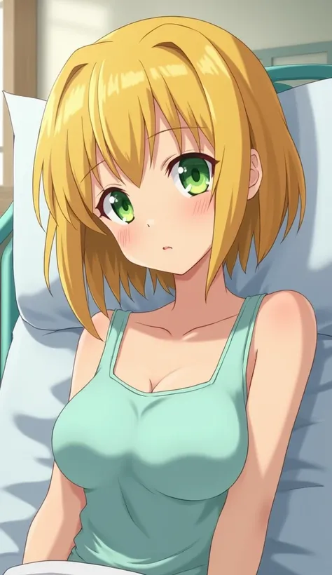  1 girl,  Grown Ups,Dark yellow hair, hospital bed , cute tank top, high definition , masterpiece, accurate,  very detailed ,  textured skin, reality, short hair ,, smaller breasts, bob hair,Light green eyes,Urameshiya 