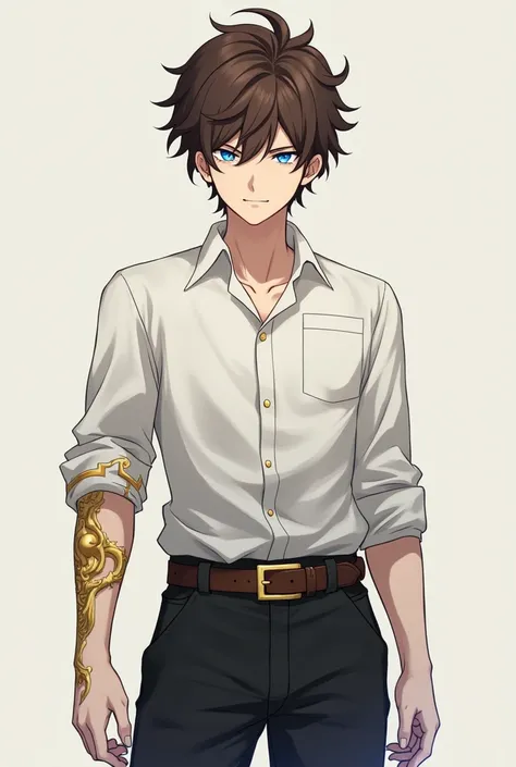 Make an anime-style man looking  with a golden scar on his left arm blue eyes and short curly brown hair with a white blouse and dark-skinned black mens shorts and boots