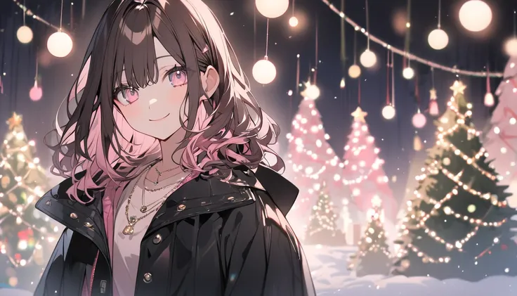 Alone， medium hair，Dark brown hair，pink highlight at the tip，green christmas tree，woman， Light Pink Eyes ，smile，White long sleeve，night， Necklaces ， Black Coat， Santa Claus