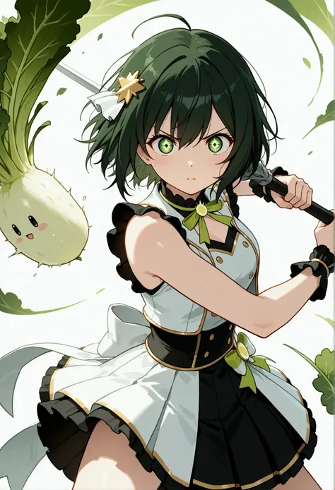 A scene depicting a beautiful warrior girl inspired by a daikon,BREAK,(A beautiful warrior girl with hair as green as daikon leaves, wearing a white idol costume, holding a weapon made from daikon, fighting stance, expressive eyes, youthful and athletic bu...