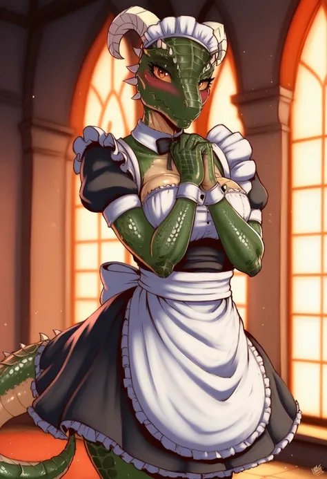 anime, hdr, soft light, ((best quality)), ((masterpiece)), (detailed), lustyargonian, maid, colored skin, green skin, maid headdress, tail, horns, (scales:1.2), (snout, animal nose:1.1), blush, embarrassed, (looking at viewer:1.1), cowboy shot, captivating...