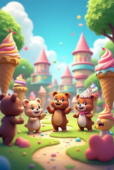 In Icecream city all animal ply in park and want to eat Icecream vanilla chocolate bounties around Icecream party and dance animated 