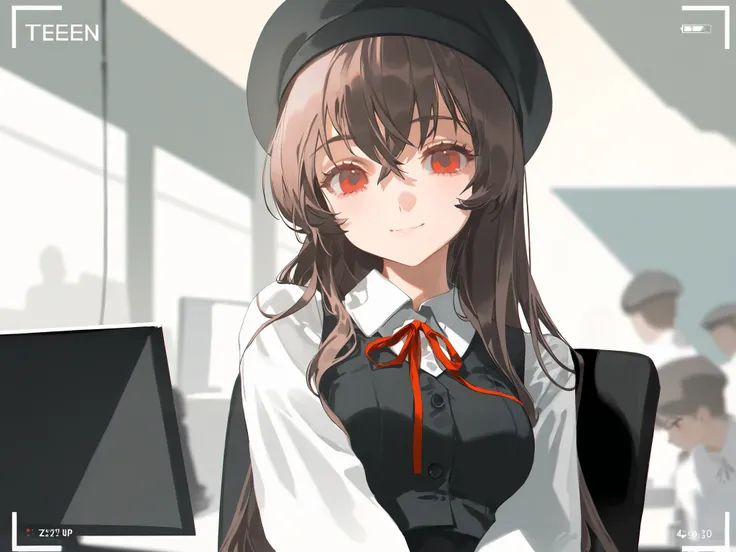 1girl, solo, z3zz4, (ciloranko:0.8), lack, rei (sanbonzakura), dino dinoartforame), head tilt, looking at viewer, upper body, face focus, red eyes, skinny, large breasts, (cute:1.3), (teen:1.4), (long_hair:1.3), disheveled hair, brown hair, eyebrows visibl...