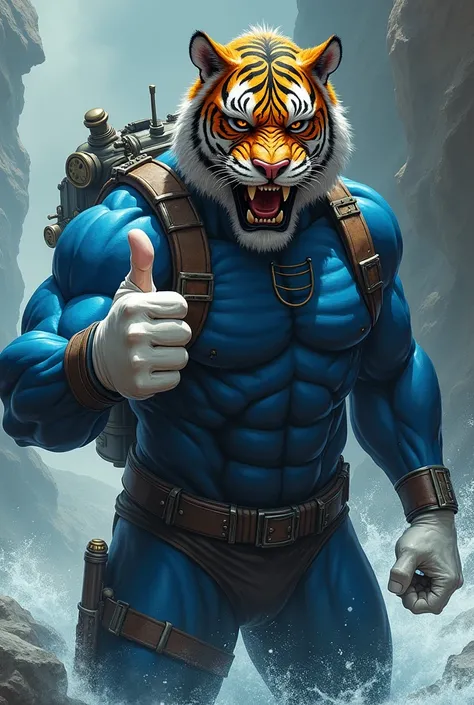 (A rugged beefy extremely muscular bulky angry old man), (wearing blue wetsuit), (wearing realistic roaring tiger mask), thumbs up pose,  wearing bulky scuba gear, muscular physique, toned muscles, fierce, heroic, action, comic artstyle, bulky best quality...