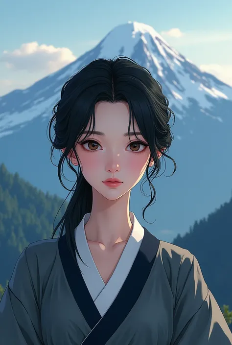 Mountain background, Hanbok,  Japanese anime pictures,  black hair, brown eyes, Expressionless, chic face, 1 person, adult, A face that seems to have a lot of secrets,  cute face 