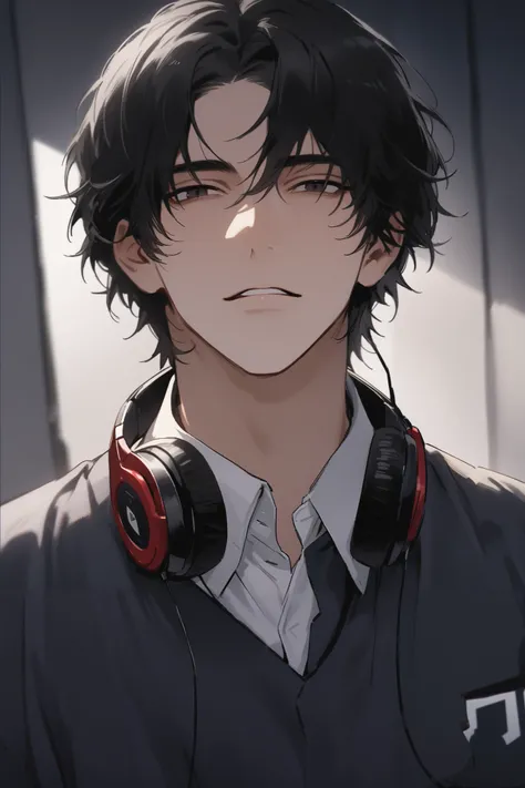 masterpiece, perfect, man, handsome, short to medium black hair, dark eyes, student uniform, cool face, slightly open lips, music student, wearing headphones