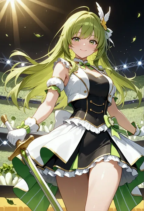 Scene of a daikon-themed beautiful warrior girl performing on an idol stage,BREAK,(Beautiful warrior girl, green hair resembling daikon leaves, wearing a white idol costume, holding a sword made of daikon, elegant and confident posture, captivating smile, ...