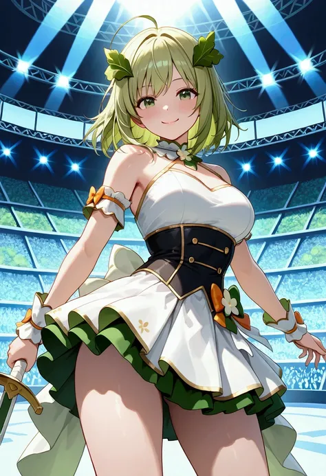 Scene of a daikon-themed beautiful warrior girl performing on an idol stage,BREAK,(Beautiful warrior girl, green hair resembling daikon leaves, wearing a white idol costume, holding a sword made of daikon, elegant and confident posture, captivating smile, ...