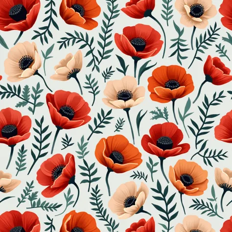 Create a seamless, high-detail foliage-rich pattern featuring hand-painted poppies in bold shades of crimson, orange, ivory, and soft teal. Add curling fern-like leaves with intricate detailing, blending naturally with the flowers. Use a soft gray backgrou...