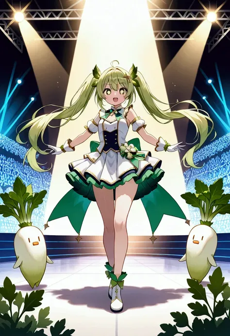 Scene of an enchanting warrior girl inspired by a daikon motif, standing heroically on a stage,BREAK,(Warrior girl, vibrant green hair resembling daikon leaves, wearing a dazzling white idol costume, confidently holding a Japanese white radish, sparkling e...