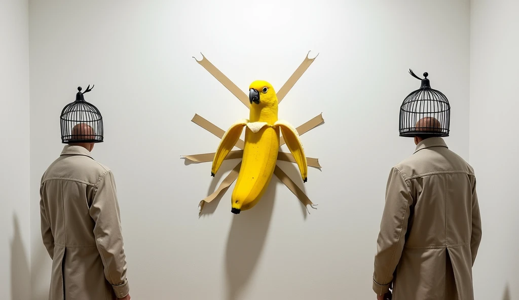 A peeled banana reveals a yellow parrot. It is taped up by large strips of gaffer tape on to the wall of a Art gallery. strange humans with bird cages as head looks at it with curiousity