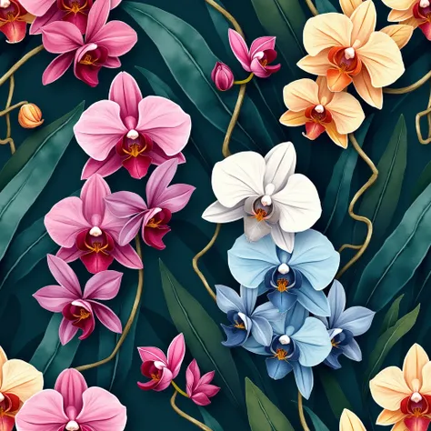 Create a seamless, high-detail garden-themed pattern featuring hand-painted orchids in jewel tones of magenta, amber, white, and icy blue. Incorporate cascading green tendrils with bold brushstrokes, giving a lush appearance. Use a dark emerald background ...