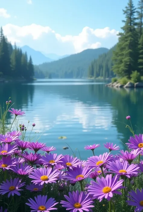 The image captures a stunning lakeside scene brimming with vibrant purple flowers in the foreground. These flowers appear to be daisies, adding a splash of color to the serene setting. The calm lake in the background has gentle ripples across its surface, ...