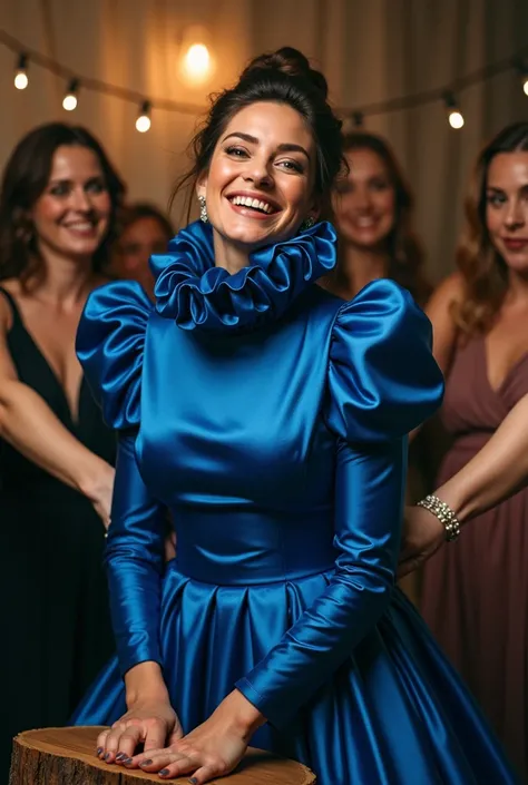 (realistic photograph sideways close up), (a smiling beautiful Caucasian lady with (messy hair bun), she is down on the floor and wearing a (excessive shiny cobalt silk gown with (long gigantic puff sleeves), (and with an ultra high tight stand-up collar u...