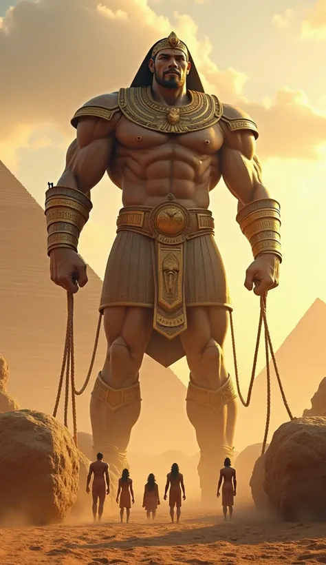 Ultra HD dynamic image of a massive, muscular Titan figure in ancient armor with golden accents, pulling giant stones with ropes toward the Great Pyramids of Giza. Alongside the Titan, three identical primitive humanoid figures assist in pulling the stones...