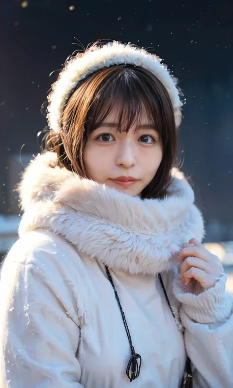 (   staring at something、Diamond dust flutters、クリーム色のhair、Heavy snowfall area、Snow is falling、 blue eyes、 blue eyes、white winter clothes 、Admire the night sky in a frigid region、Im wearing a fluffy red scarf、Her breath is white expression 、A woman looking ...