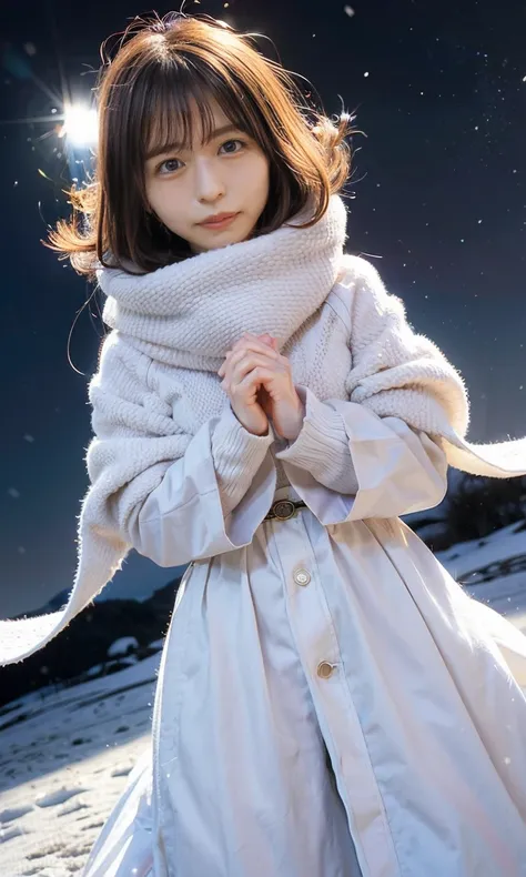 (   staring at something、Diamond dust flutters、クリーム色のhair、Heavy snowfall area、Snow is falling、 blue eyes、 blue eyes、white winter clothes 、Admire the night sky in a frigid region、Im wearing a fluffy red scarf、Her breath is white expression 、A woman looking ...