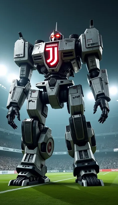 A massive, menacing war robot rises from the same black-and-white combat vehicle on the football field, its transformation seamless and awe-inspiring. The robot stands tall, its frame made of gleaming metallic armor adorned with black-and-white patterns. T...