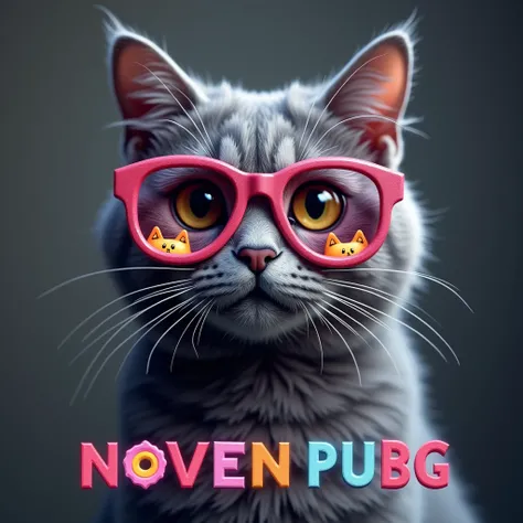 Вот промт с добавлением надписи “Noven PUBG”:

“A gray cat wearing large, round sunglasses is centered in the image. The sunglasses feature colorful, pixelated designs, including a rainbow and a pink donut-shaped cartoon cat. The cat looks directly at the ...