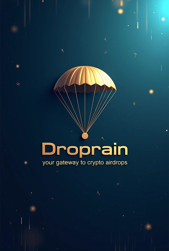 A modern Facebook cover design for DropRain, representing cryptocurrency airdrops. The background features a gradient in shades of blue and metallic gold, with stylized digital rain droplets and blockchain patterns. A minimalistic parachute icon is promine...