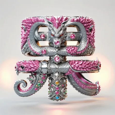  Dragon head ring close-up ,  Key Lens Render , Carved with white gemstones,  double pack with balls ， Ultra Detailed 16K  ,  A Jewelry Design , Be inspired:::《Ring of Fire》, hyper realistic detailed rendering, Super detailed and authentic, Details, Pink D...