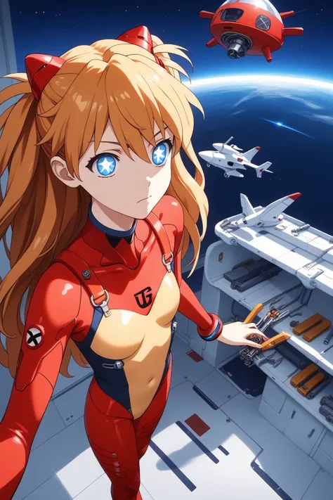 (Overhead view),dynamic angle,ultra-detailed, illustration, close-up, straight on, 1girl, 
 ((souryuu asuka langley, interface headset, red bodysuit:1.4, blonde)),Her eyes shone like dreamy stars,(glowing eyes:1.233),(beautiful and detailed eyes:1.1),(expr...