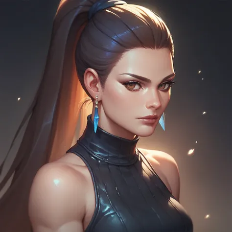 female black sleeveless leather turtleneck, bare shoulders, racerback, bare toned arms, beautiful faces, blue ponytail with showing forehead, long ponytail, earrings, soft smooth skin, pale skin, black background, brown eyes, sci-fi, assassin, evil express...