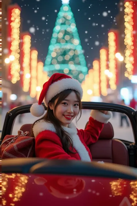 Perfect details,High definition,Realistic,In the city where a big Christmas festival is held,On the street with lots of snow,Santa Claus,22-year-old Japanese Korean beauty with long hair tied in a long ponytail wearing a bright red Santa Claus costume,Smil...