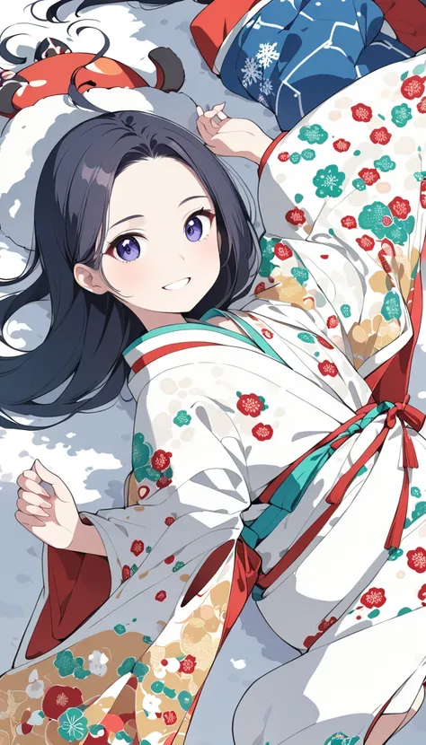 a girl, teenager, smiling, lying on back, jumping, looking back, slender, lanky, sants kimono, at Christmas