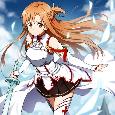 yuuki asuna,sword art online,armor plate,bare shoulder,skirt,thighhighs